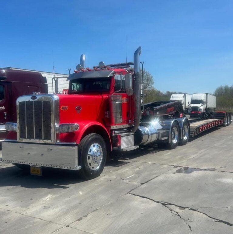 red truck with traler